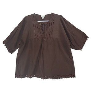 Tweeds Woman 2X Linen Blend Top Brown Eyelet‎ Embroidered Peasant Style Blouse